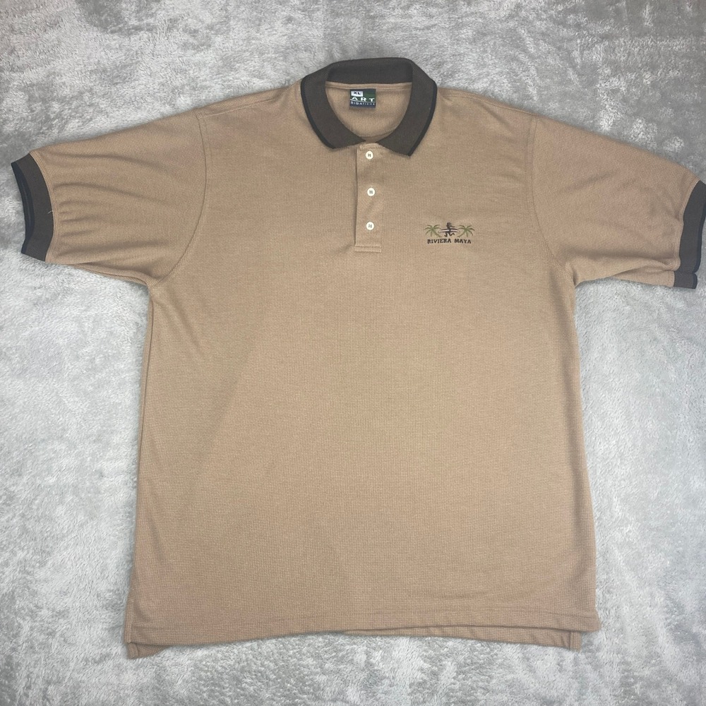 Riviera Maya Embroidered Palm Tree Polo Shirt Mens XL Short Sleeve Beige‎ Brown